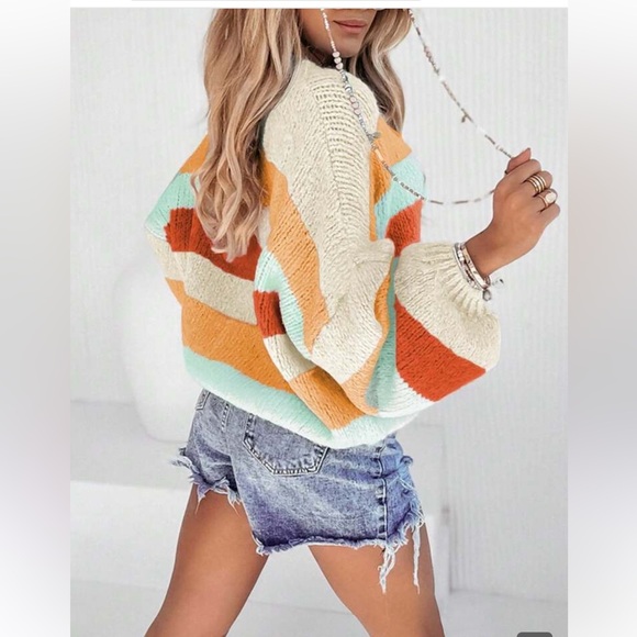 Multicolor stripe boho western bubble sleeve intarsia soft cardigan sweater - Picture 3 of 4